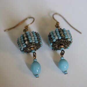 Vintage Miriam Haskell Sky Blue Colored Beaded Hanging Pierced Earrings